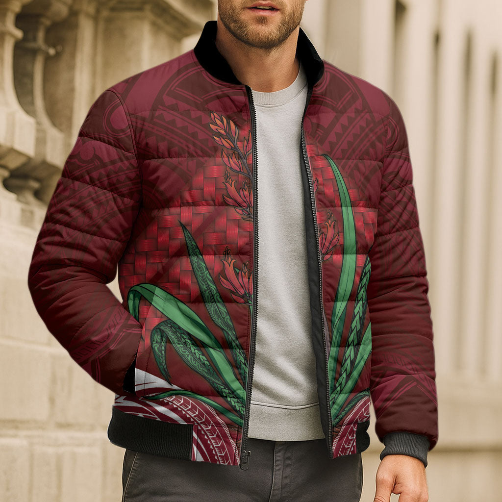 Rongoa Maori New Zealand Harakeke Bomber Puffer Jacket NZ Weaving Pattern Red