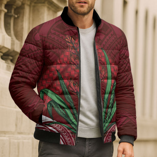 Rongoa Maori New Zealand Harakeke Bomber Puffer Jacket NZ Weaving Pattern Red