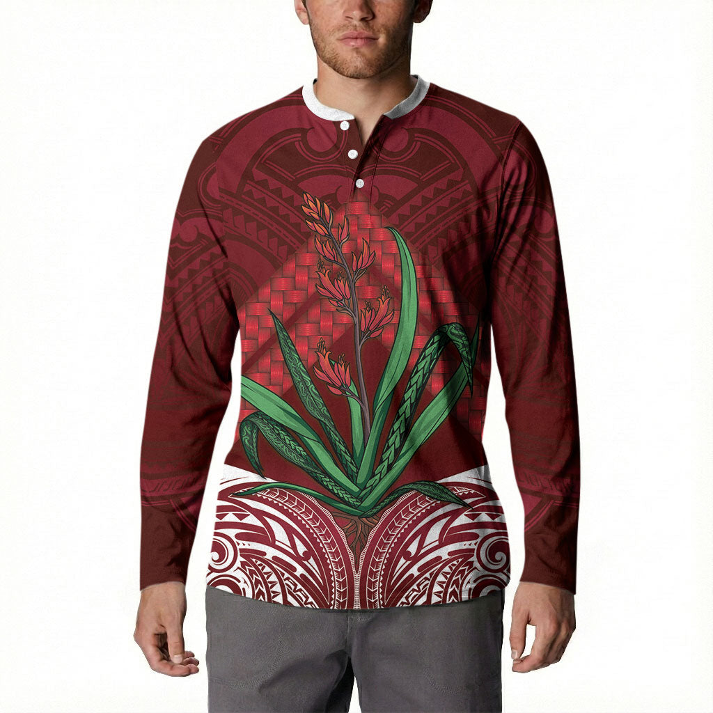 Rongoa Maori New Zealand Harakeke Button Sweatshirt NZ Weaving Pattern Red