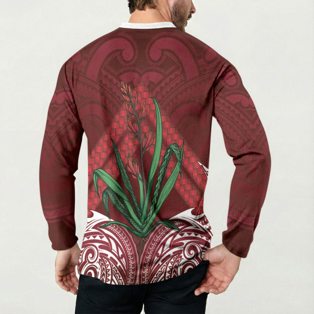 Rongoa Maori New Zealand Harakeke Button Sweatshirt NZ Weaving Pattern Red