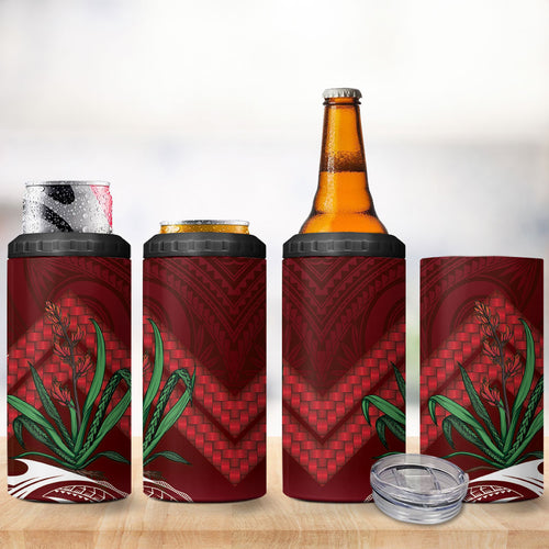 Rongoa Maori New Zealand Harakeke 4 in 1 Can Cooler Tumbler NZ Weaving Pattern Red