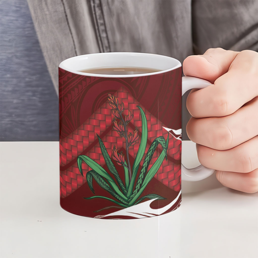 Rongoa Maori New Zealand Harakeke Ceramic Mug NZ Weaving Pattern Red