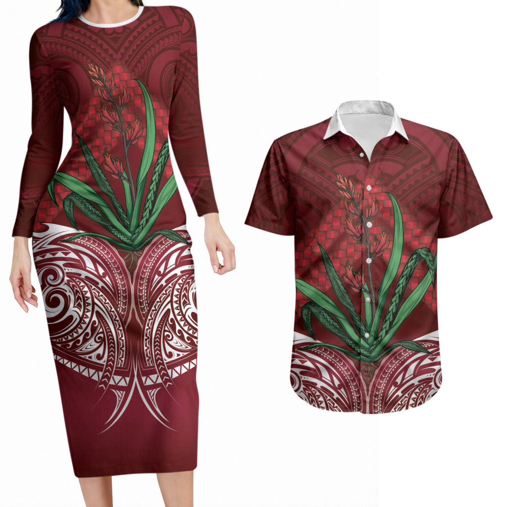 Rongoa Maori New Zealand Harakeke Couples Matching Long Sleeve Bodycon Dress and Hawaiian Shirt NZ Weaving Pattern Red