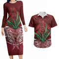 Rongoa Maori New Zealand Harakeke Couples Matching Long Sleeve Bodycon Dress and Hawaiian Shirt NZ Weaving Pattern Red