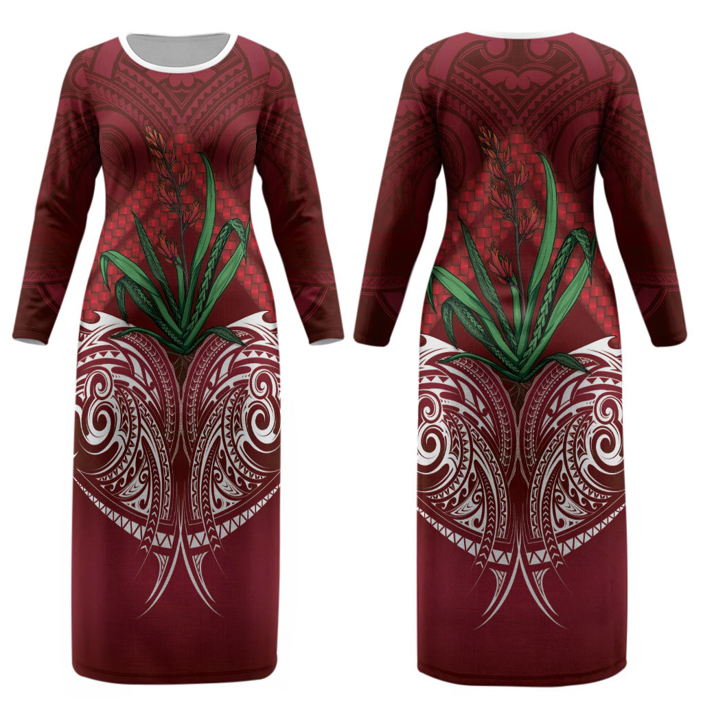 Rongoa Maori New Zealand Harakeke Couples Matching Long Sleeve Bodycon Dress and Hawaiian Shirt NZ Weaving Pattern Red