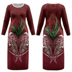 Rongoa Maori New Zealand Harakeke Couples Matching Long Sleeve Bodycon Dress and Hawaiian Shirt NZ Weaving Pattern Red