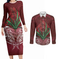 Rongoa Maori New Zealand Harakeke Couples Matching Long Sleeve Bodycon Dress and Long Sleeve Button Shirt NZ Weaving Pattern Red