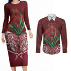 Rongoa Maori New Zealand Harakeke Couples Matching Long Sleeve Bodycon Dress and Long Sleeve Button Shirt NZ Weaving Pattern Red