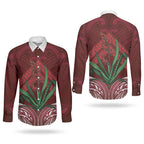 Rongoa Maori New Zealand Harakeke Couples Matching Long Sleeve Bodycon Dress and Long Sleeve Button Shirt NZ Weaving Pattern Red