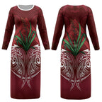 Rongoa Maori New Zealand Harakeke Couples Matching Long Sleeve Bodycon Dress and Long Sleeve Button Shirt NZ Weaving Pattern Red