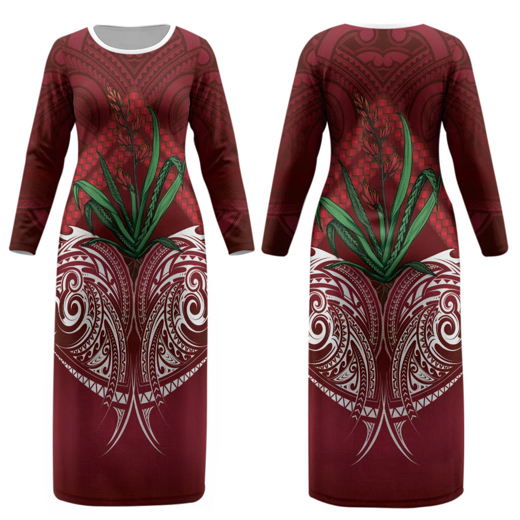 Rongoa Maori New Zealand Harakeke Couples Matching Long Sleeve Bodycon Dress and Long Sleeve Button Shirt NZ Weaving Pattern Red