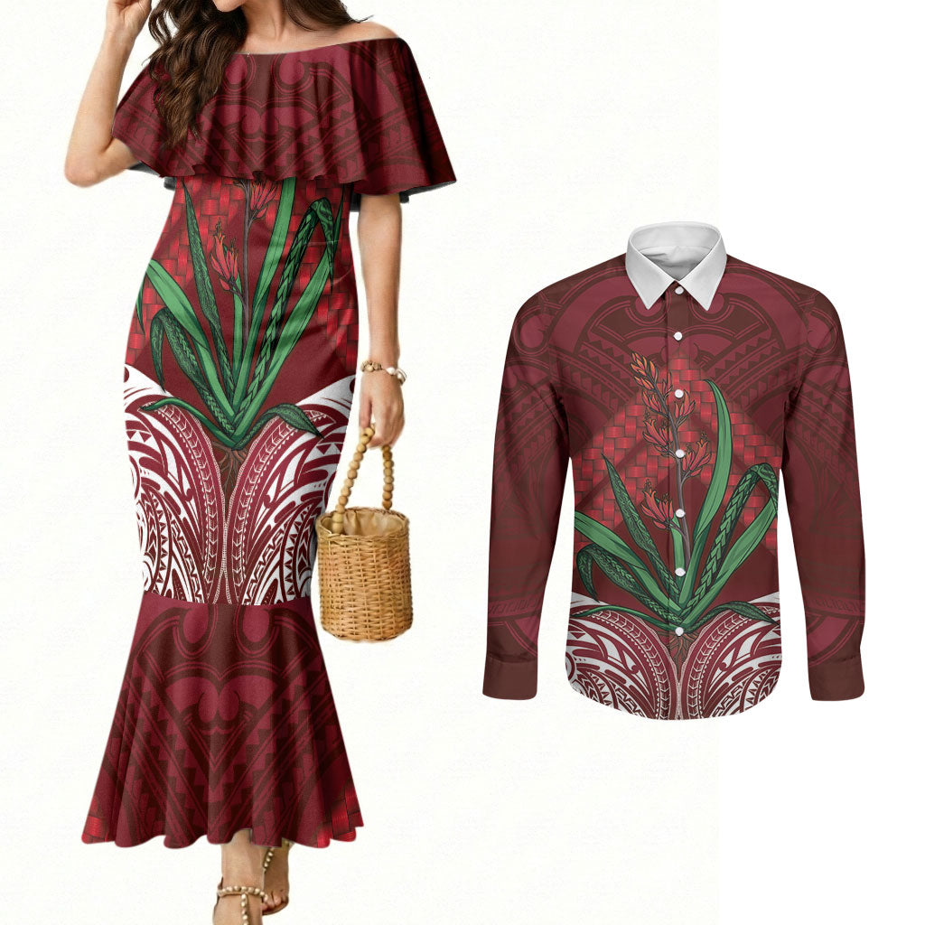 Rongoa Maori New Zealand Harakeke Couples Matching Mermaid Dress and Long Sleeve Button Shirt NZ Weaving Pattern Red
