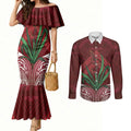Rongoa Maori New Zealand Harakeke Couples Matching Mermaid Dress and Long Sleeve Button Shirt NZ Weaving Pattern Red