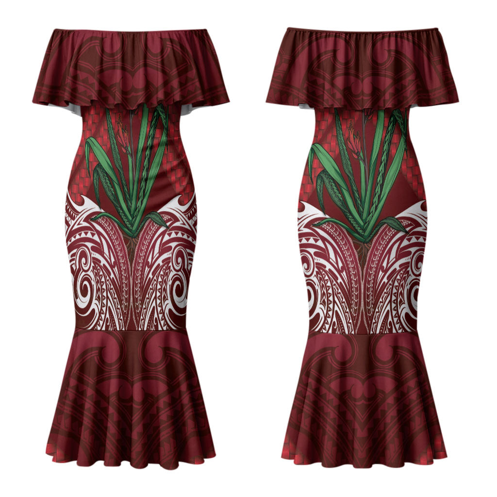 Rongoa Maori New Zealand Harakeke Couples Matching Mermaid Dress and Long Sleeve Button Shirt NZ Weaving Pattern Red