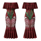 Rongoa Maori New Zealand Harakeke Couples Matching Mermaid Dress and Long Sleeve Button Shirt NZ Weaving Pattern Red