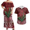 Rongoa Maori New Zealand Harakeke Couples Matching Off Shoulder Maxi Dress and Hawaiian Shirt NZ Weaving Pattern Red