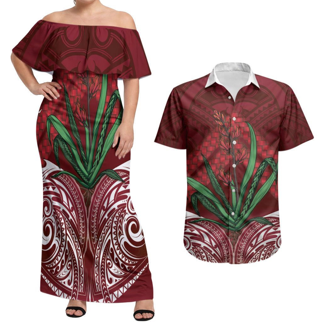 Rongoa Maori New Zealand Harakeke Couples Matching Off Shoulder Maxi Dress and Hawaiian Shirt NZ Weaving Pattern Red
