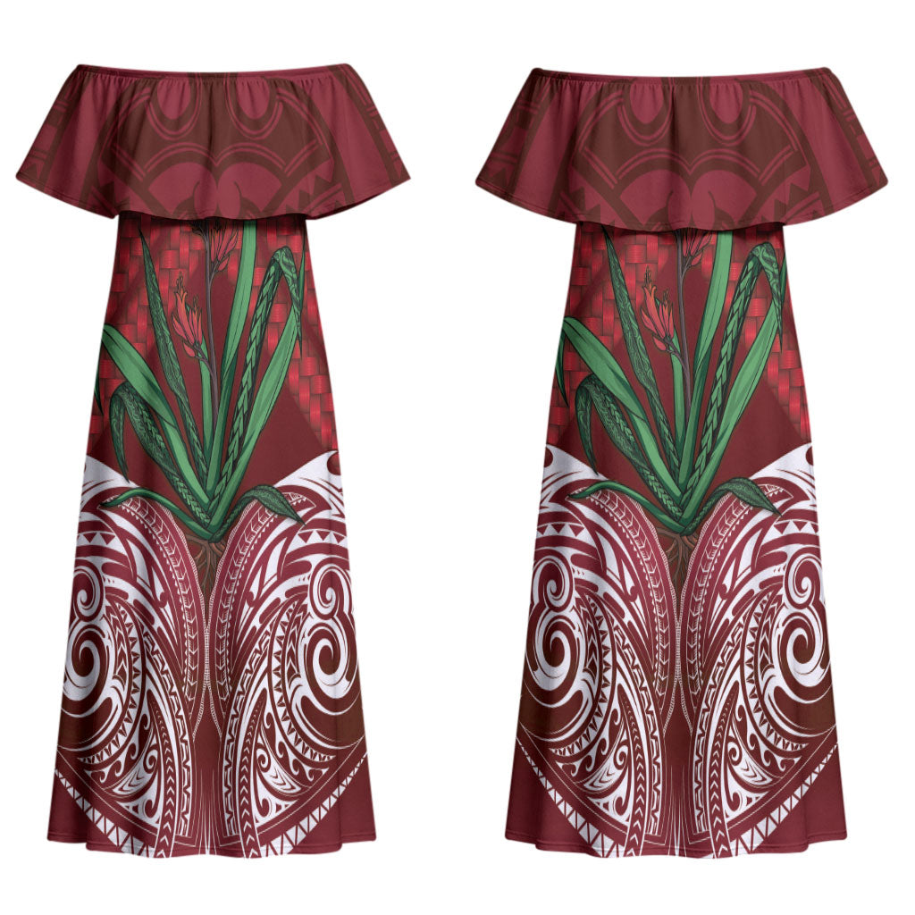 Rongoa Maori New Zealand Harakeke Couples Matching Off Shoulder Maxi Dress and Hawaiian Shirt NZ Weaving Pattern Red