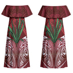 Rongoa Maori New Zealand Harakeke Couples Matching Off Shoulder Maxi Dress and Hawaiian Shirt NZ Weaving Pattern Red