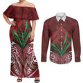 Rongoa Maori New Zealand Harakeke Couples Matching Off Shoulder Maxi Dress and Long Sleeve Button Shirt NZ Weaving Pattern Red
