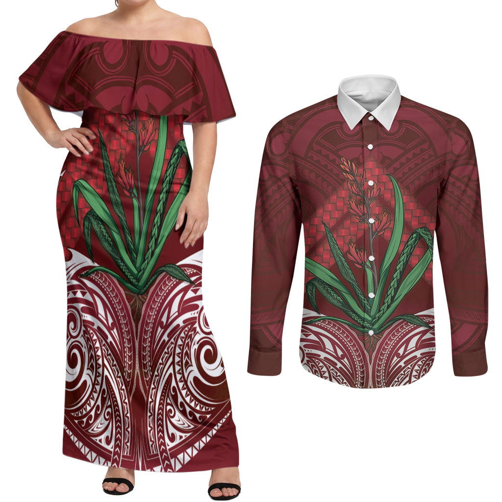 Rongoa Maori New Zealand Harakeke Couples Matching Off Shoulder Maxi Dress and Long Sleeve Button Shirt NZ Weaving Pattern Red