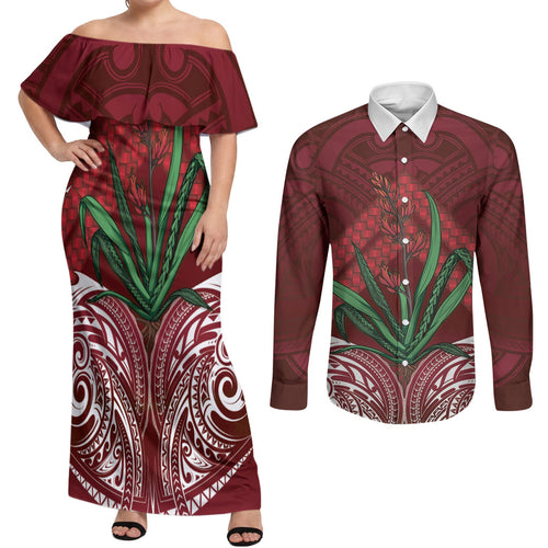Rongoa Maori New Zealand Harakeke Couples Matching Off Shoulder Maxi Dress and Long Sleeve Button Shirt NZ Weaving Pattern Red