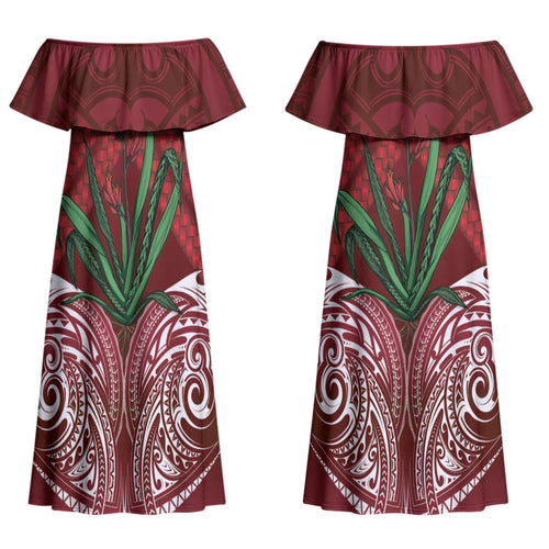 Rongoa Maori New Zealand Harakeke Couples Matching Off Shoulder Maxi Dress and Long Sleeve Button Shirt NZ Weaving Pattern Red