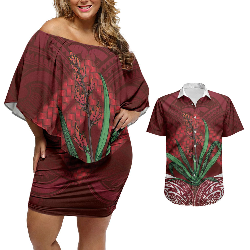 Rongoa Maori New Zealand Harakeke Couples Matching Off Shoulder Short Dress and Hawaiian Shirt NZ Weaving Pattern Red
