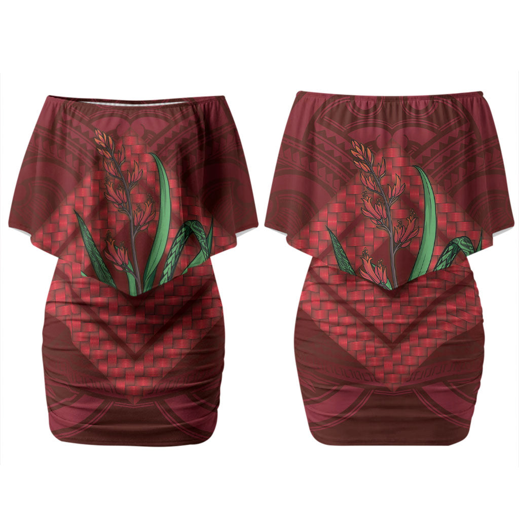 Rongoa Maori New Zealand Harakeke Couples Matching Off Shoulder Short Dress and Hawaiian Shirt NZ Weaving Pattern Red