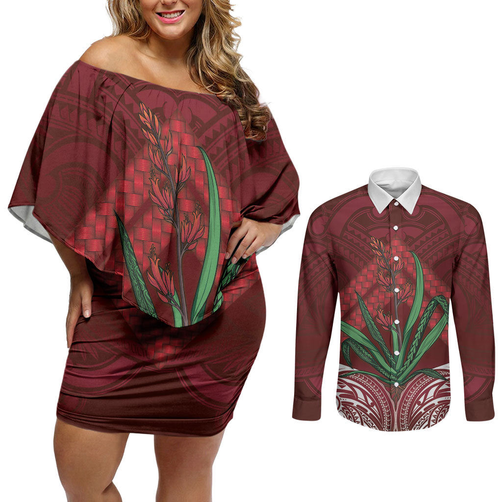 Rongoa Maori New Zealand Harakeke Couples Matching Off Shoulder Short Dress and Long Sleeve Button Shirt NZ Weaving Pattern Red