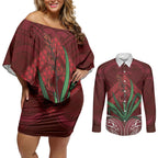 Rongoa Maori New Zealand Harakeke Couples Matching Off Shoulder Short Dress and Long Sleeve Button Shirt NZ Weaving Pattern Red