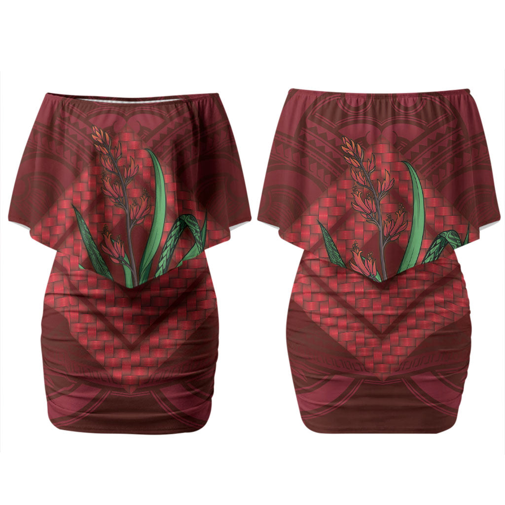 Rongoa Maori New Zealand Harakeke Couples Matching Off Shoulder Short Dress and Long Sleeve Button Shirt NZ Weaving Pattern Red