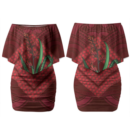 Rongoa Maori New Zealand Harakeke Couples Matching Off Shoulder Short Dress and Long Sleeve Button Shirt NZ Weaving Pattern Red