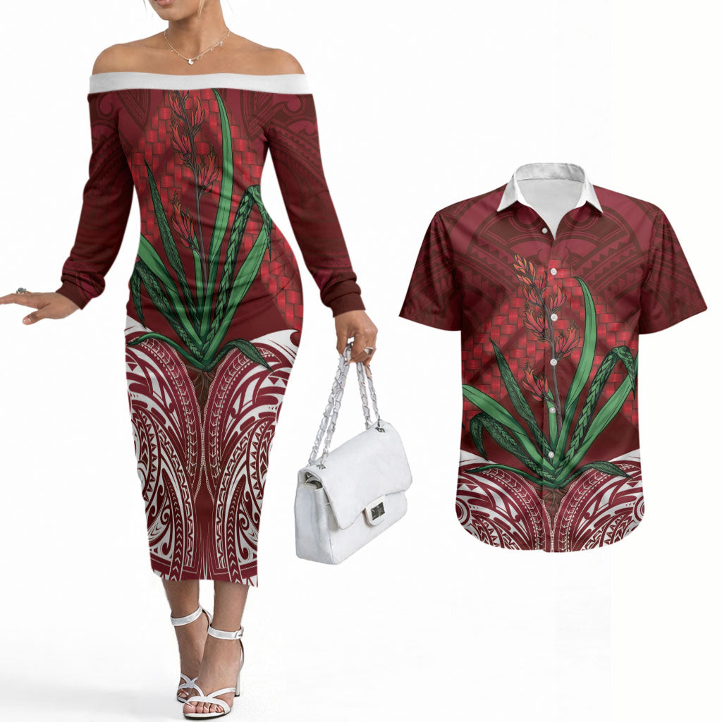 Rongoa Maori New Zealand Harakeke Couples Matching Off The Shoulder Long Sleeve Dress and Hawaiian Shirt NZ Weaving Pattern Red
