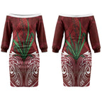 Rongoa Maori New Zealand Harakeke Couples Matching Off The Shoulder Long Sleeve Dress and Hawaiian Shirt NZ Weaving Pattern Red