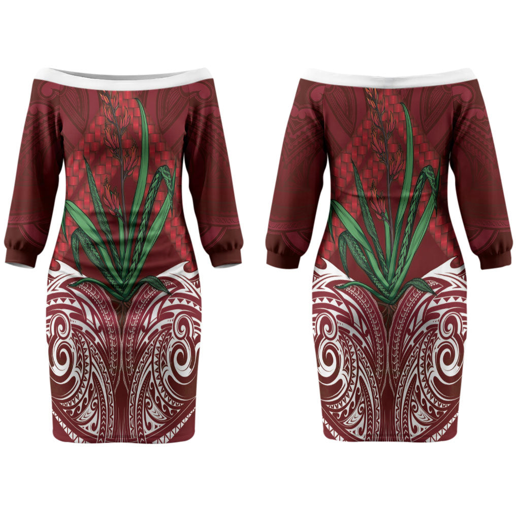 Rongoa Maori New Zealand Harakeke Couples Matching Off The Shoulder Long Sleeve Dress and Hawaiian Shirt NZ Weaving Pattern Red
