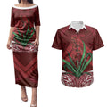 Rongoa Maori New Zealand Harakeke Couples Matching Puletasi and Hawaiian Shirt NZ Weaving Pattern Red