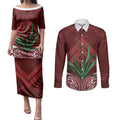 Rongoa Maori New Zealand Harakeke Couples Matching Puletasi and Long Sleeve Button Shirt NZ Weaving Pattern Red