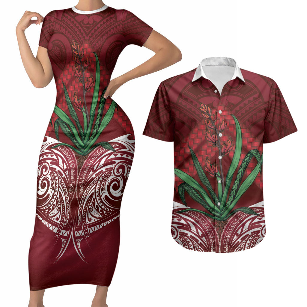 Rongoa Maori New Zealand Harakeke Couples Matching Short Sleeve Bodycon Dress and Hawaiian Shirt NZ Weaving Pattern Red