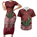 Rongoa Maori New Zealand Harakeke Couples Matching Short Sleeve Bodycon Dress and Hawaiian Shirt NZ Weaving Pattern Red