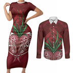 Rongoa Maori New Zealand Harakeke Couples Matching Short Sleeve Bodycon Dress and Long Sleeve Button Shirt NZ Weaving Pattern Red