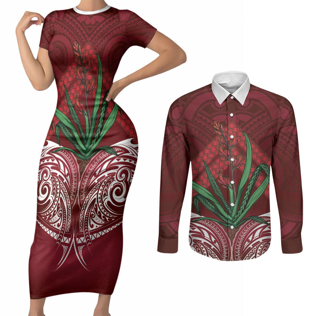 Rongoa Maori New Zealand Harakeke Couples Matching Short Sleeve Bodycon Dress and Long Sleeve Button Shirt NZ Weaving Pattern Red