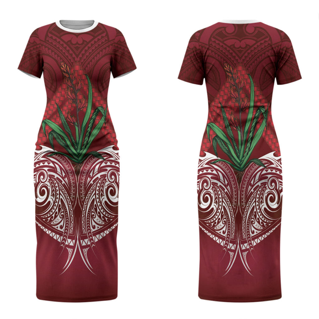 Rongoa Maori New Zealand Harakeke Couples Matching Short Sleeve Bodycon Dress and Long Sleeve Button Shirt NZ Weaving Pattern Red