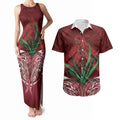 Rongoa Maori New Zealand Harakeke Couples Matching Tank Maxi Dress and Hawaiian Shirt NZ Weaving Pattern Red