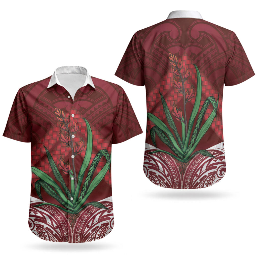 Rongoa Maori New Zealand Harakeke Couples Matching Tank Maxi Dress and Hawaiian Shirt NZ Weaving Pattern Red