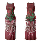 Rongoa Maori New Zealand Harakeke Couples Matching Tank Maxi Dress and Hawaiian Shirt NZ Weaving Pattern Red