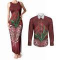 Rongoa Maori New Zealand Harakeke Couples Matching Tank Maxi Dress and Long Sleeve Button Shirt NZ Weaving Pattern Red