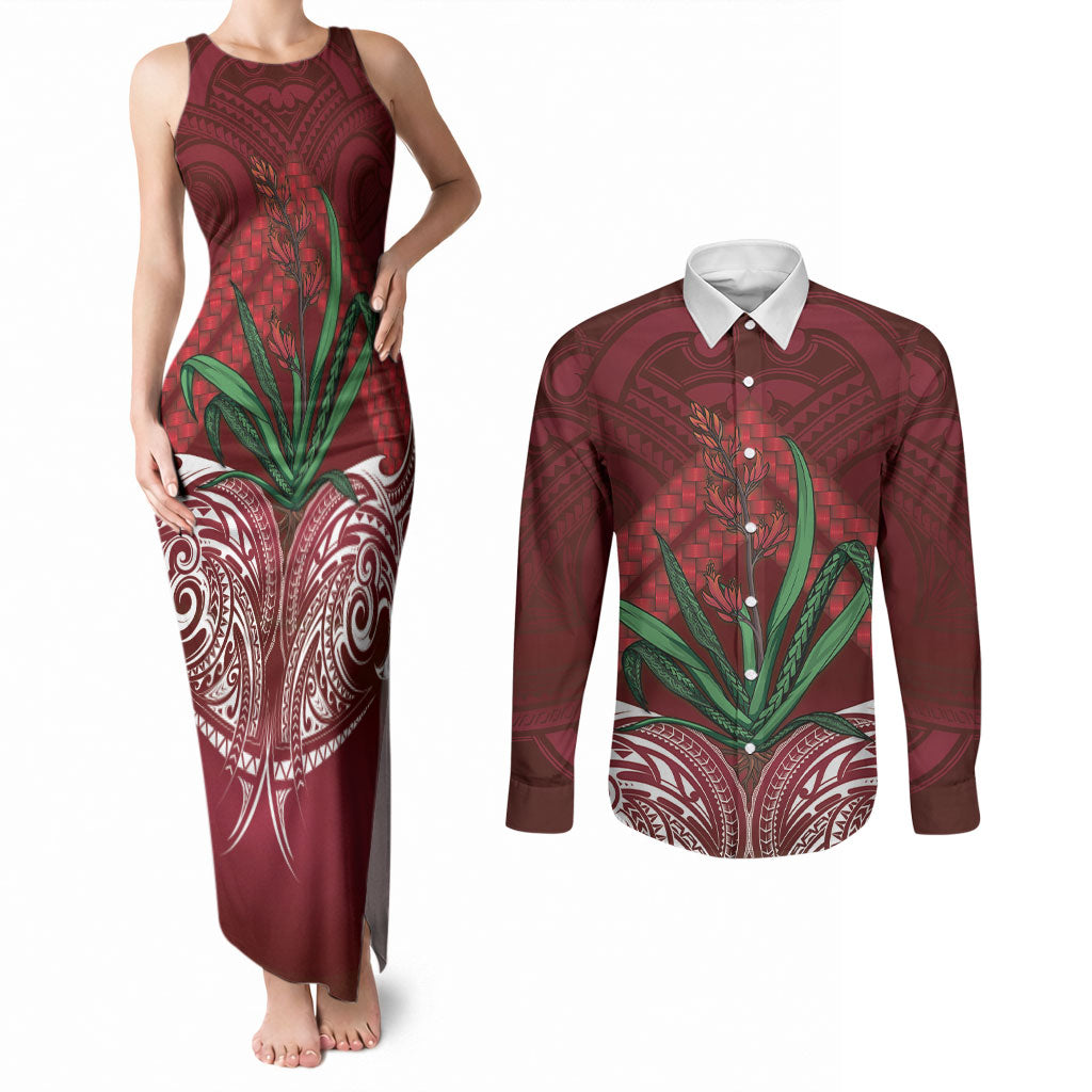 Rongoa Maori New Zealand Harakeke Couples Matching Tank Maxi Dress and Long Sleeve Button Shirt NZ Weaving Pattern Red