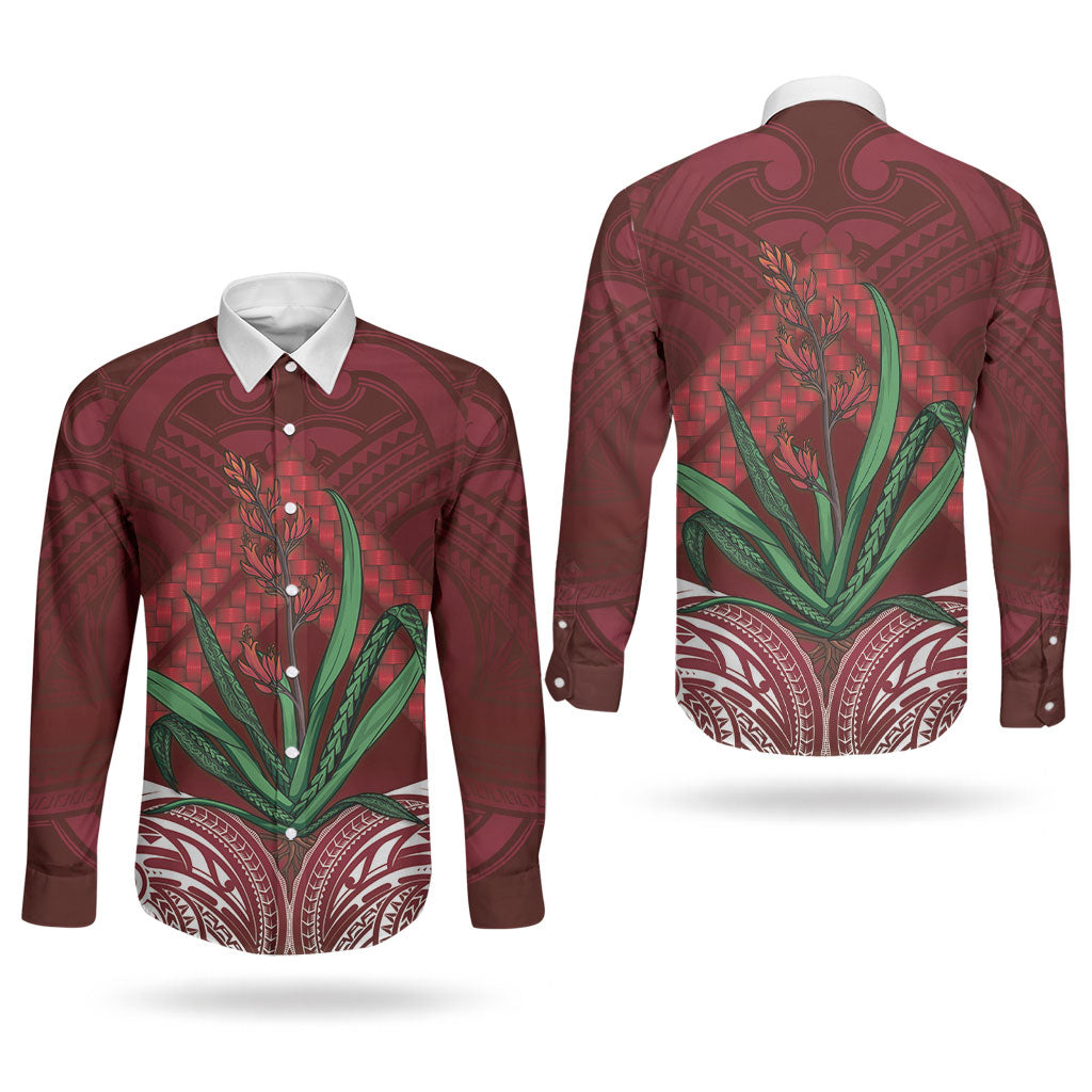Rongoa Maori New Zealand Harakeke Couples Matching Tank Maxi Dress and Long Sleeve Button Shirt NZ Weaving Pattern Red