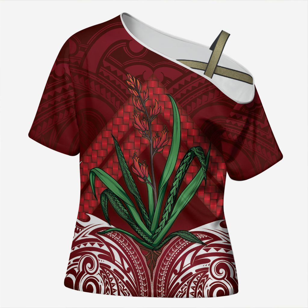 Rongoa Maori New Zealand Harakeke Cross Shoulder Shirt NZ Weaving Pattern Red